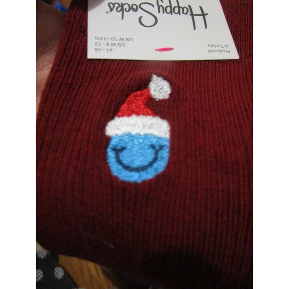 NWT Happy Socks Smiley Santa Ribbed Cotton Blend Crew Socks in Dark Red - Picture 6 of 7